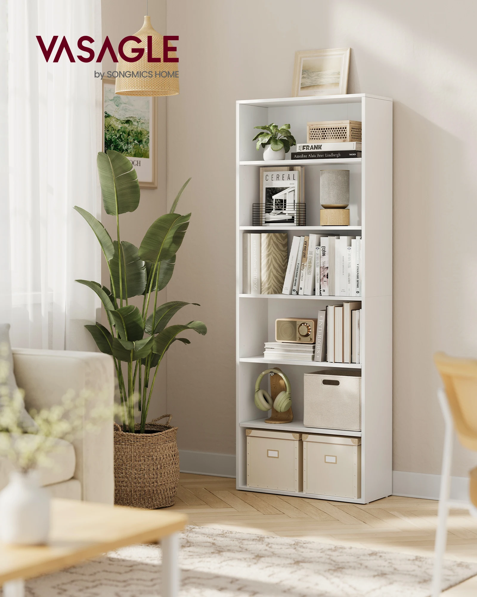 VASAGLE Bookcase, Bookshelf with 6 Shelves, for Living Room, Study, Office, Bedroom, Modern Style