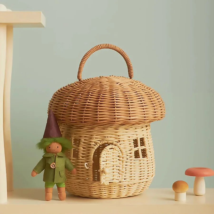 Mushroom Basket Bag Rattan Storage Wicker Kids Handbag Beach Straw Bags Ventilate Box Picnic Basket Hand Woven Storage Baskets