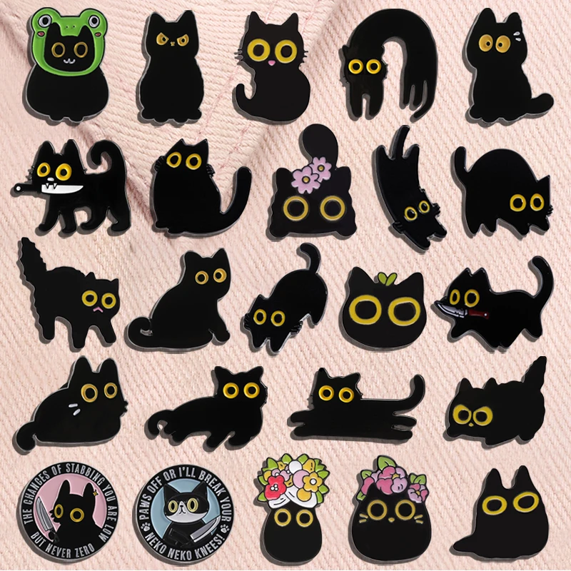 Cute Black Cat Collection Enamel Pin Cartoon Big Eyes Kitten Animal Brooches Lapel Backpack Badge Jewelry Gift For Kids Friends