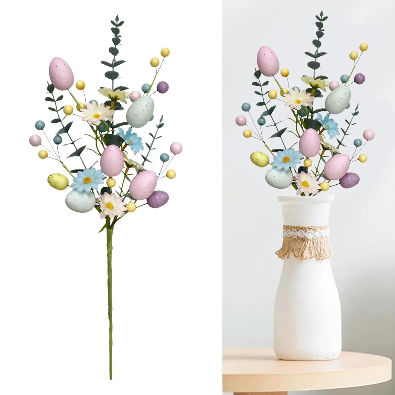 Easter Egg Stem Twig with Eucalyptus Leaves Flower Pick Bouquet Artificial Flowers for Garden Spring Arrangement Home Vase Yard