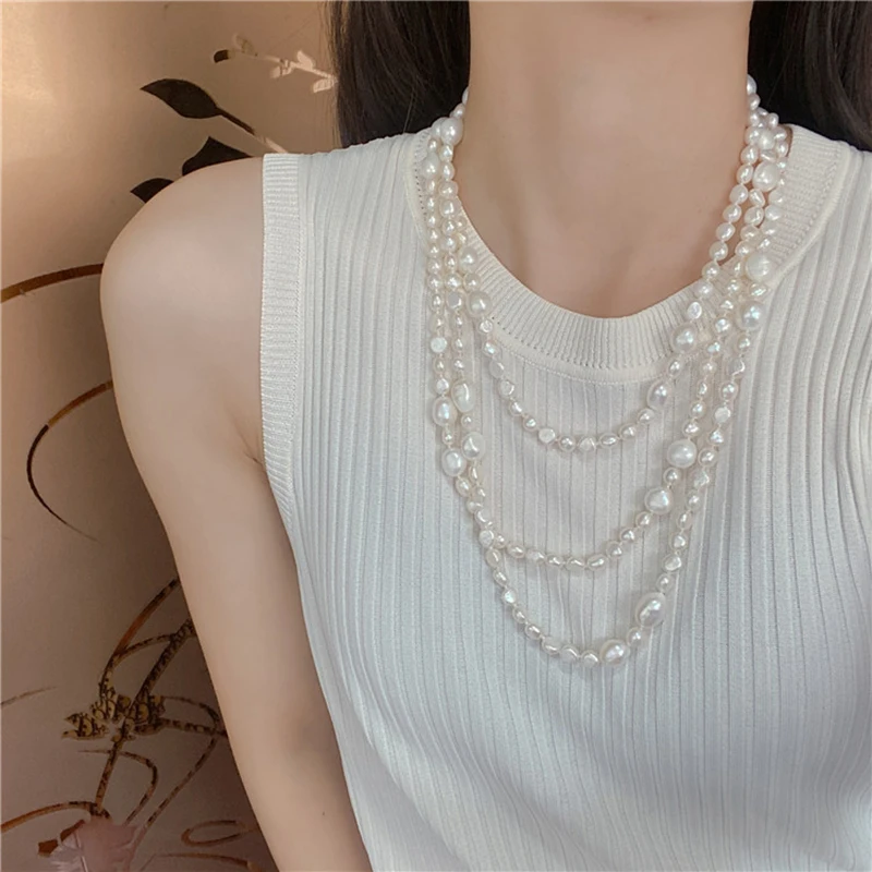 Vintage Baroque South Sea Pearl Necklace Women Multi-layer Stacked Long Sweater Chain Summer Fashion Versatile Free Shipping