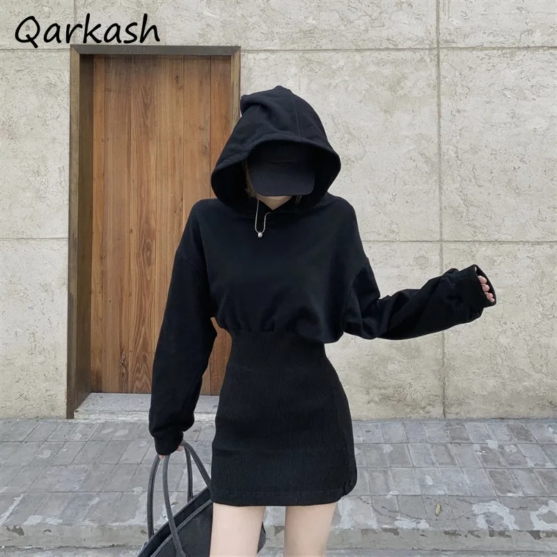 Women Dresses Hooded Casual Long Sleeve Hip Hop High Street Solid Colors Spring Versatile Youthful Slouchy Ulzzang Style Unique