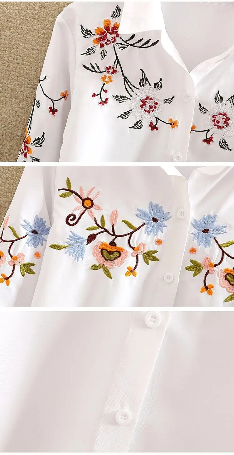 2025 Spring New Embroidered Embroidered Shirt Women Long-sleeved Bottoming Shirt Plus Fat Plus Size Women White Shirt Button Top