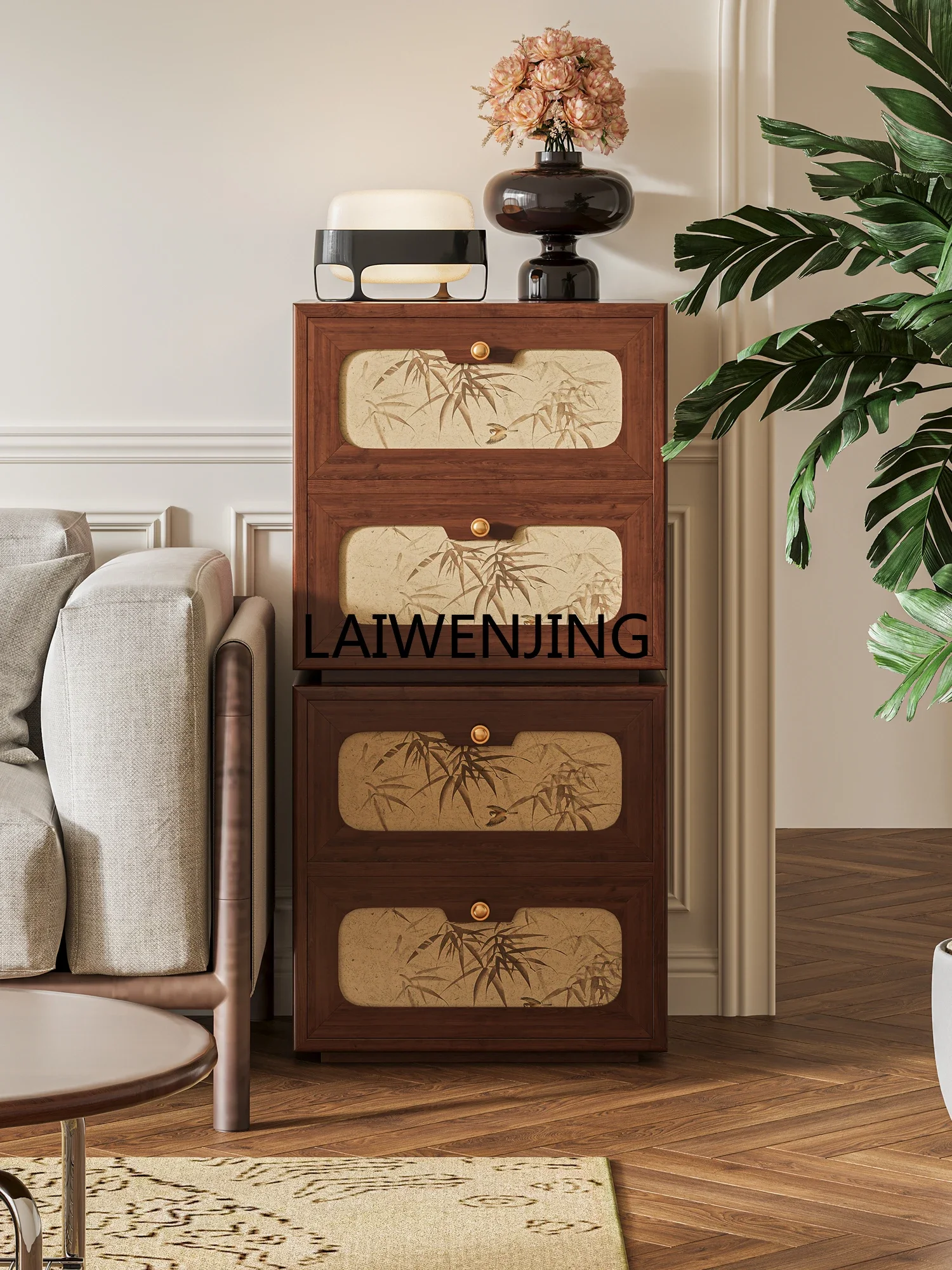 MJY pastoral bamboo and leaf chest art style bedroom solid wood combination bedside cabinet movable