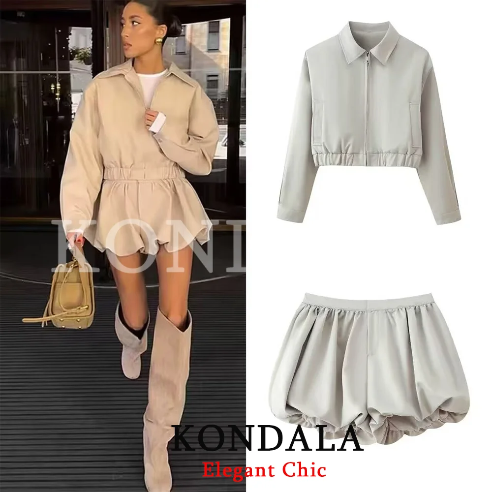 KONDALA Damen Trendiges Shorts-Set Reißverschlusstaschen Kurze Jacke Ballonshorts Neue Mode 2026 Frühling Sommer Urlaub Streetwear Set