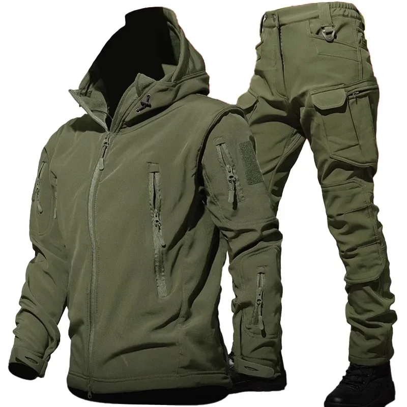 Camo Waterproof Cargo Sets Men Outdoor Soft Shell Hooded Jacket+Multi-pocket Straight Pant 2 Pcs Suits Winter Training Set