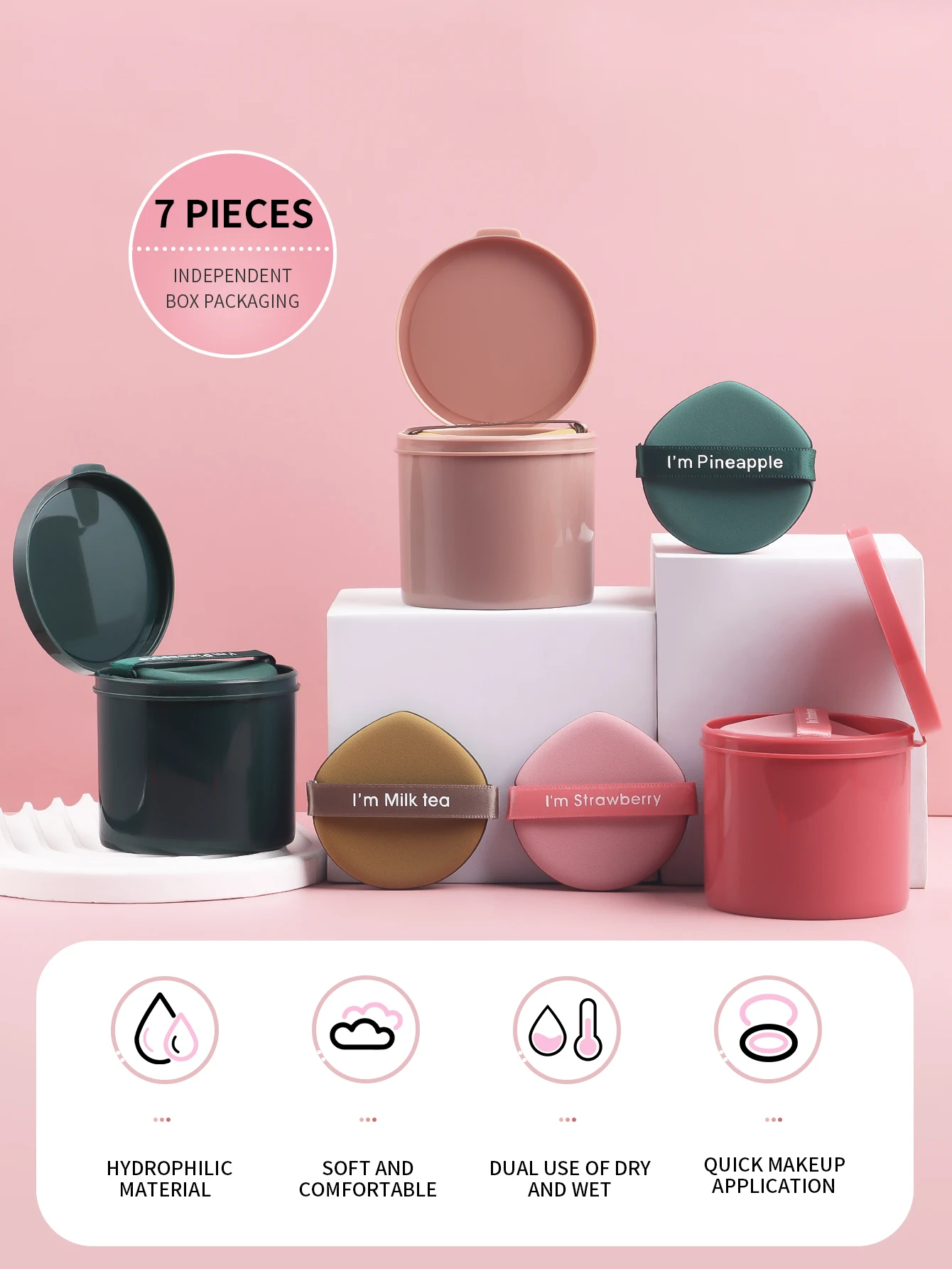 Conjunto de sopros cosméticos em caixa, 7 peças, gota de água, redondo, dupla face, feminino, macio, esponja de maquiagem facial, beleza, maquiagem, ferramenta de pó lavável