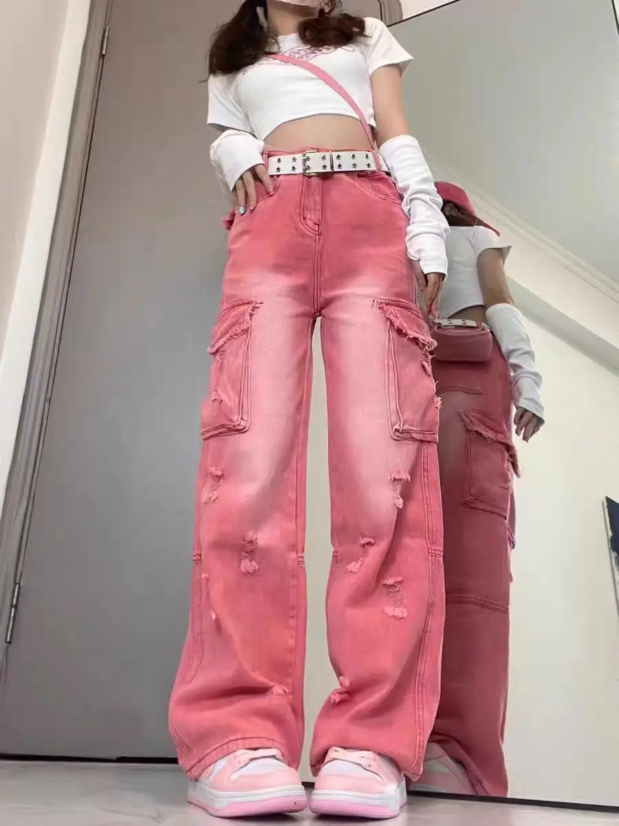 

Streetwear Pink Ripped Jeans Women Wash Worn Out Wide Leg Pants Y2k Straight Leg Loose Grunge Slouchy Denim Trousers Pantalones