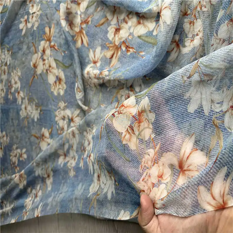 1 meter 100% Mulberry Silk 8 momme georgette thin type fabric Silk Blue Printed 135cm 53\