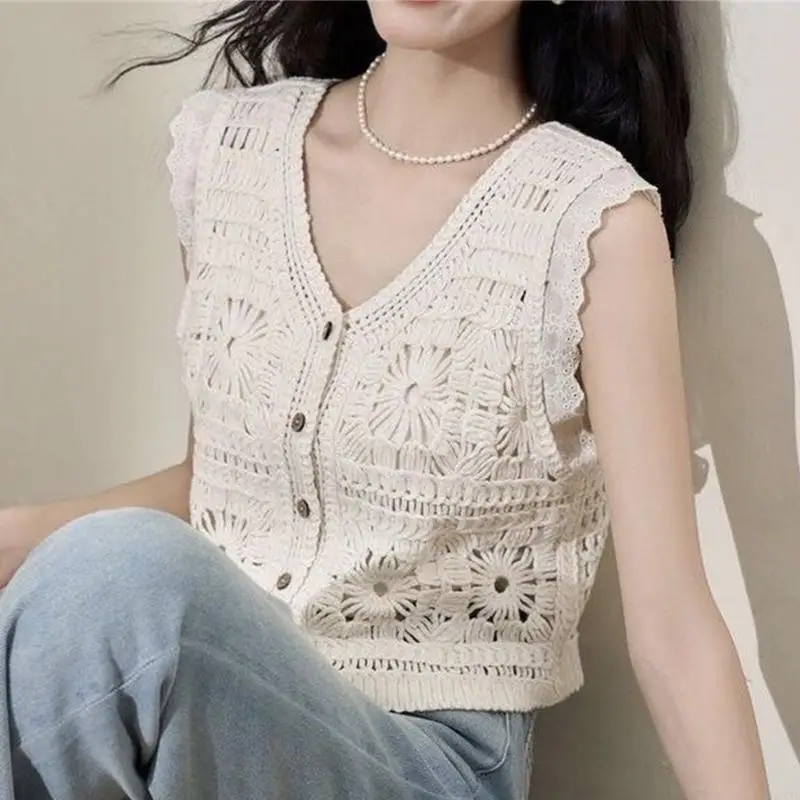 Y3ne crochet flor v cuello sin mangas sin mangas chaleco cárdigan recortado para mujer traje vacaciones