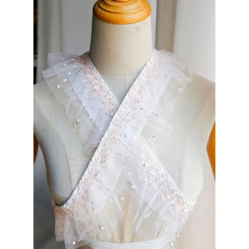 Sophisticated Kimono Neckpiece Elegant Ruffle Lace Pearls Beaded Kimono Belt Japanese Stiff Collar Collar Accessory