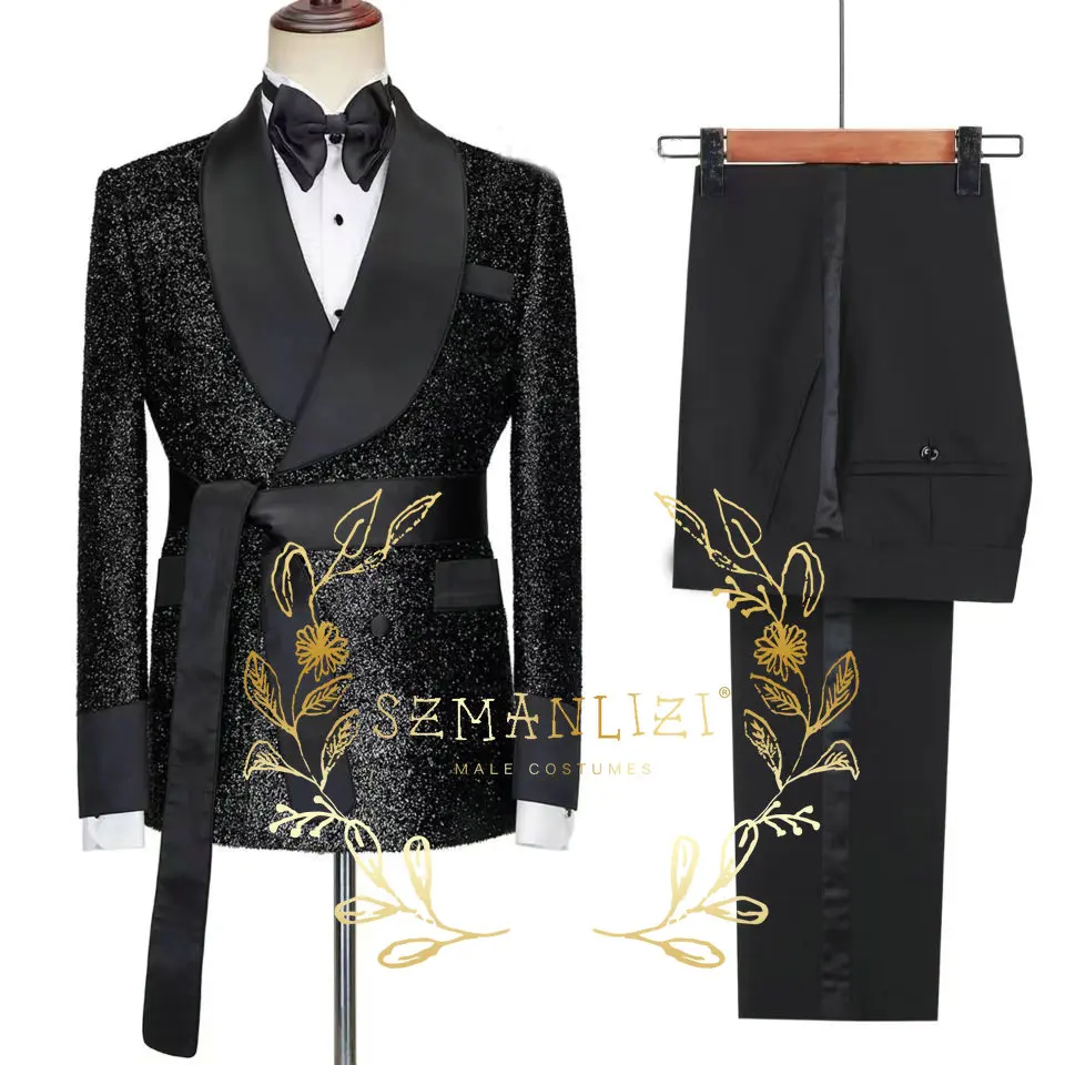 

2024 Tailor-Made Shiny Black Groom Tuxedo Double Breasted Men Suit Prom Wedding Party Mens Suits Costume ( jacket+Pants+Belt)