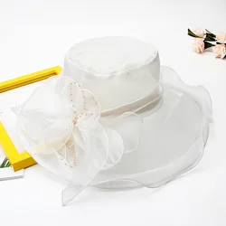 18 Color Ladies Summer Hat White Black Organza Church Fascinator Wedding Tea Party Derby Hats for Women Flower Wide Brim Sun Hat