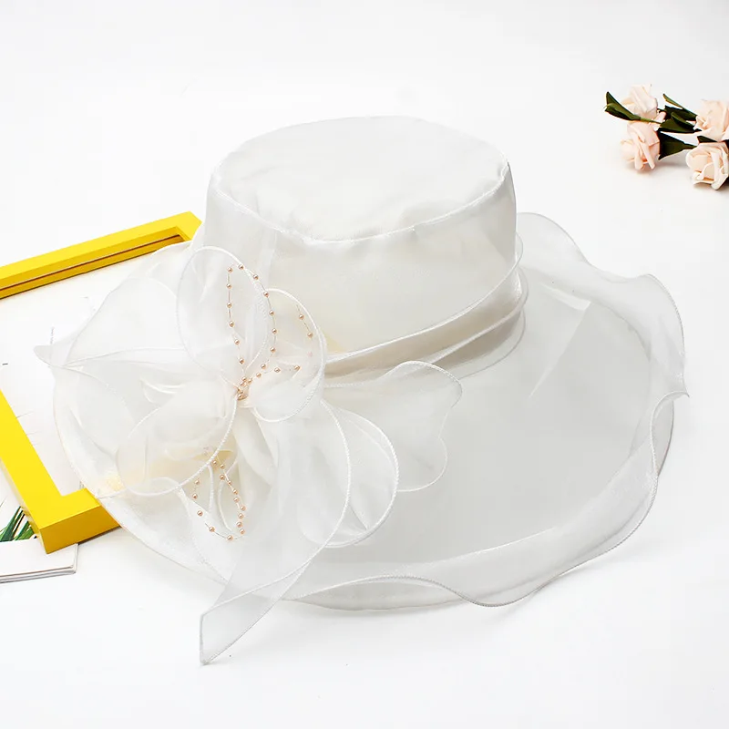 18 Kolorowy damski kapelusz letni Biały czarny Organza Church Fascinator Ślubne przyjęcie herbaciane Derby Kapelusze dla kobiet Kwiatowy kapelusz przeciwsłoneczny z szerokim rondem