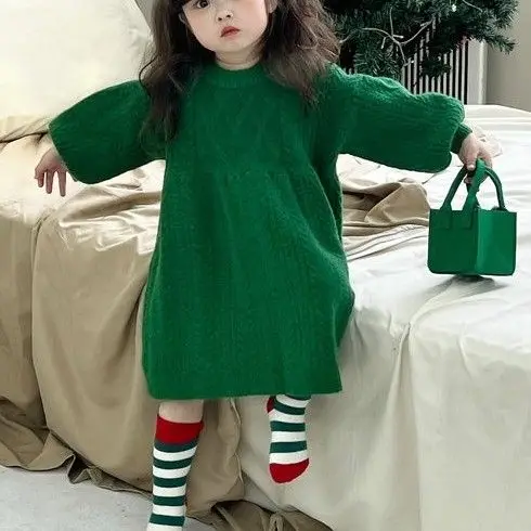 Childrens Clothing 2024 Autumn and Winter Girls Sweater Loose Solid Color Wool Dress Loose Green Knitted Sweater