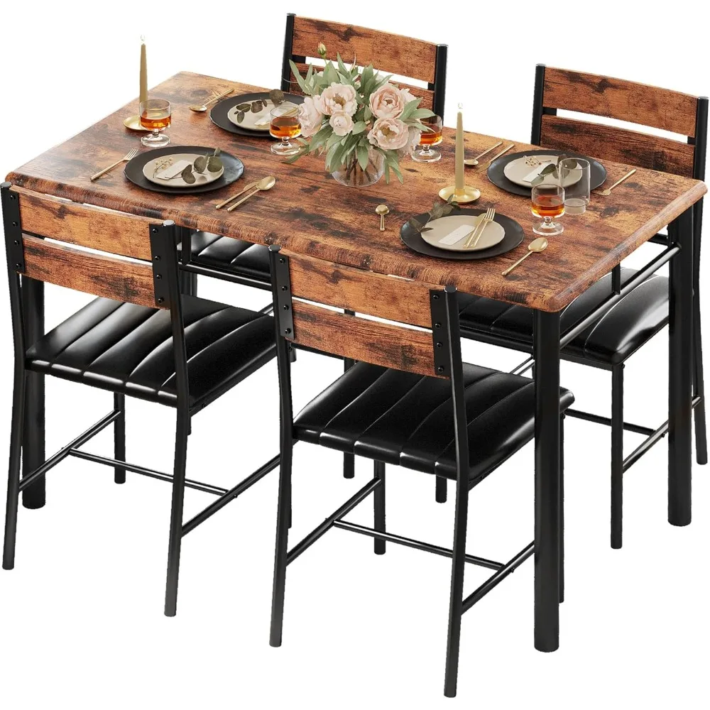 

Dining Table Set for 4, Wood Kitchen Table with Upholstered Chairs for Kitchen Room and Small Spaces, Rustic Brown