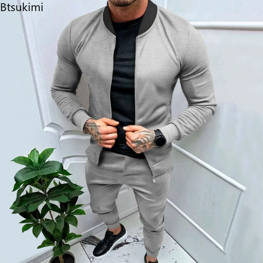 Spring New Men's Sport Two Piece Sets Fashion Contrast Color Long-sleeved Zip Jacket and Sweatpants Men Jogger Fitness Tracksuit