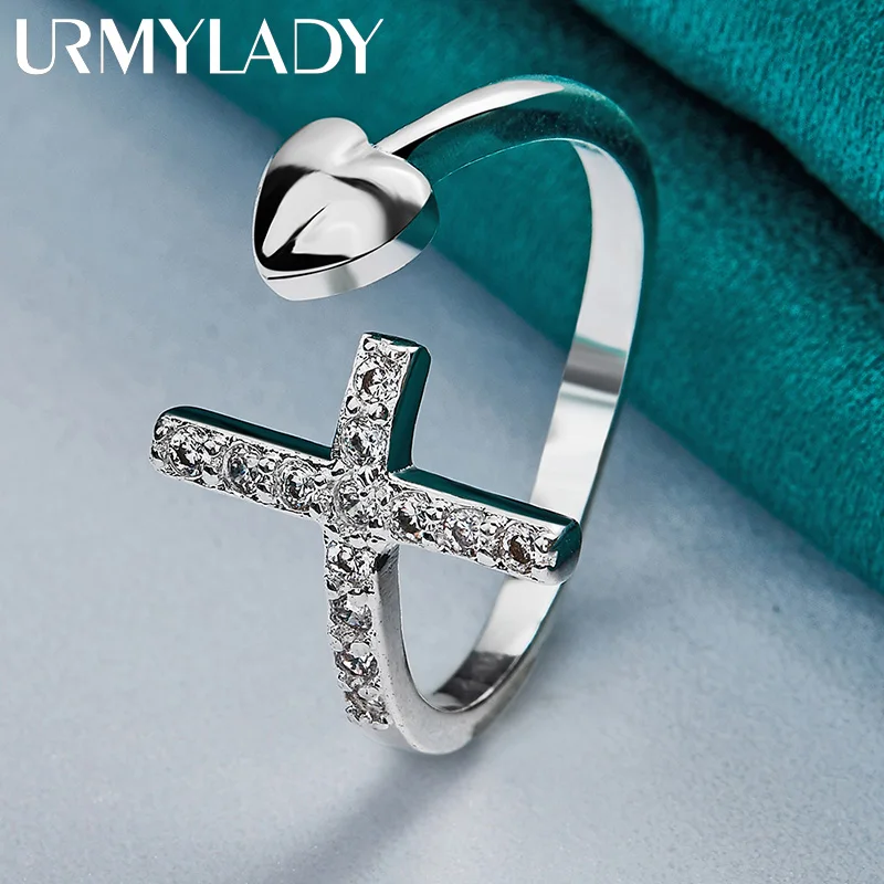 URMYLADY 925 Sterling Silver Cross Zircon Heart Ring For Women Wedding Engagement Party Fashion Jewelry