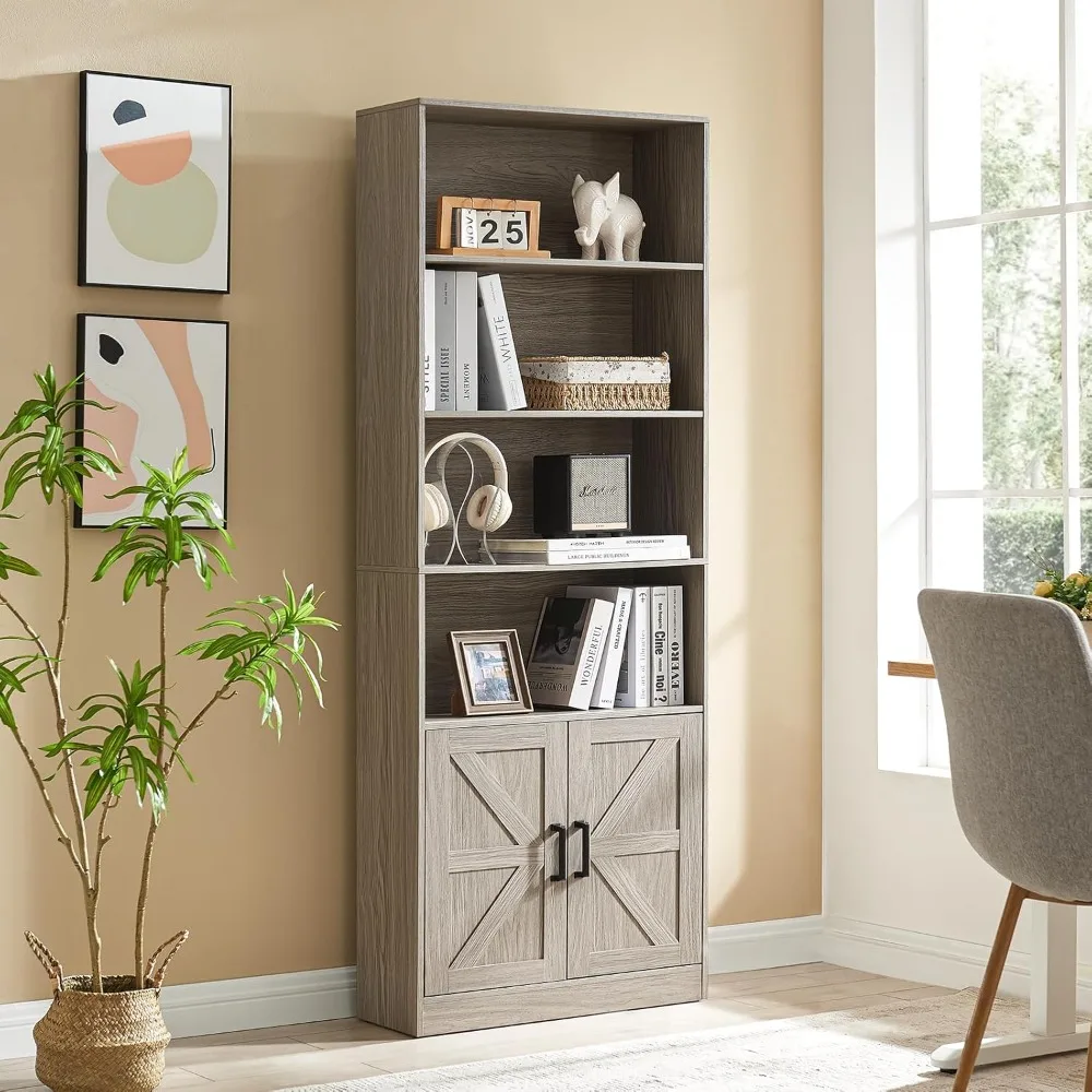 

Книжная полка высотой 70 дюймов, 6-уровневый книжный шкаф с дверцами сарая и регулируемой полкой, книжные полки из дубово-серого дерева с шкафом для хранения,