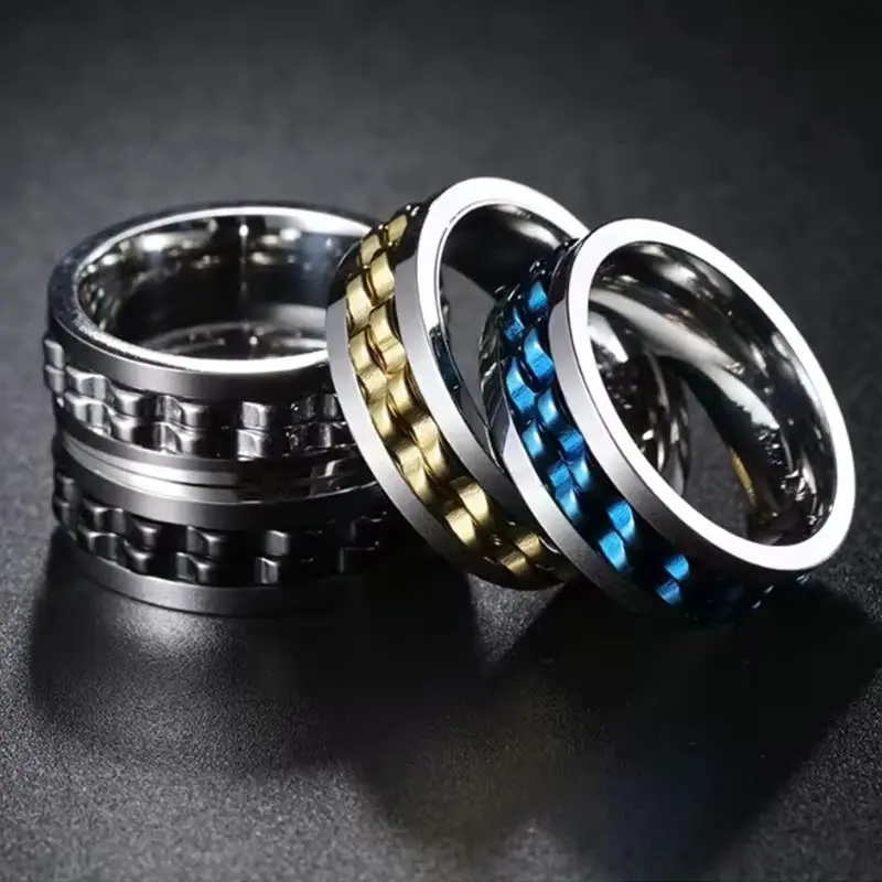 

Fashion Punk Style Gear Rotating Anxiety Fidget Ring Stainless Stee Chain Spinner Rings For Men Rock Biker Wedding Party Jewelry
