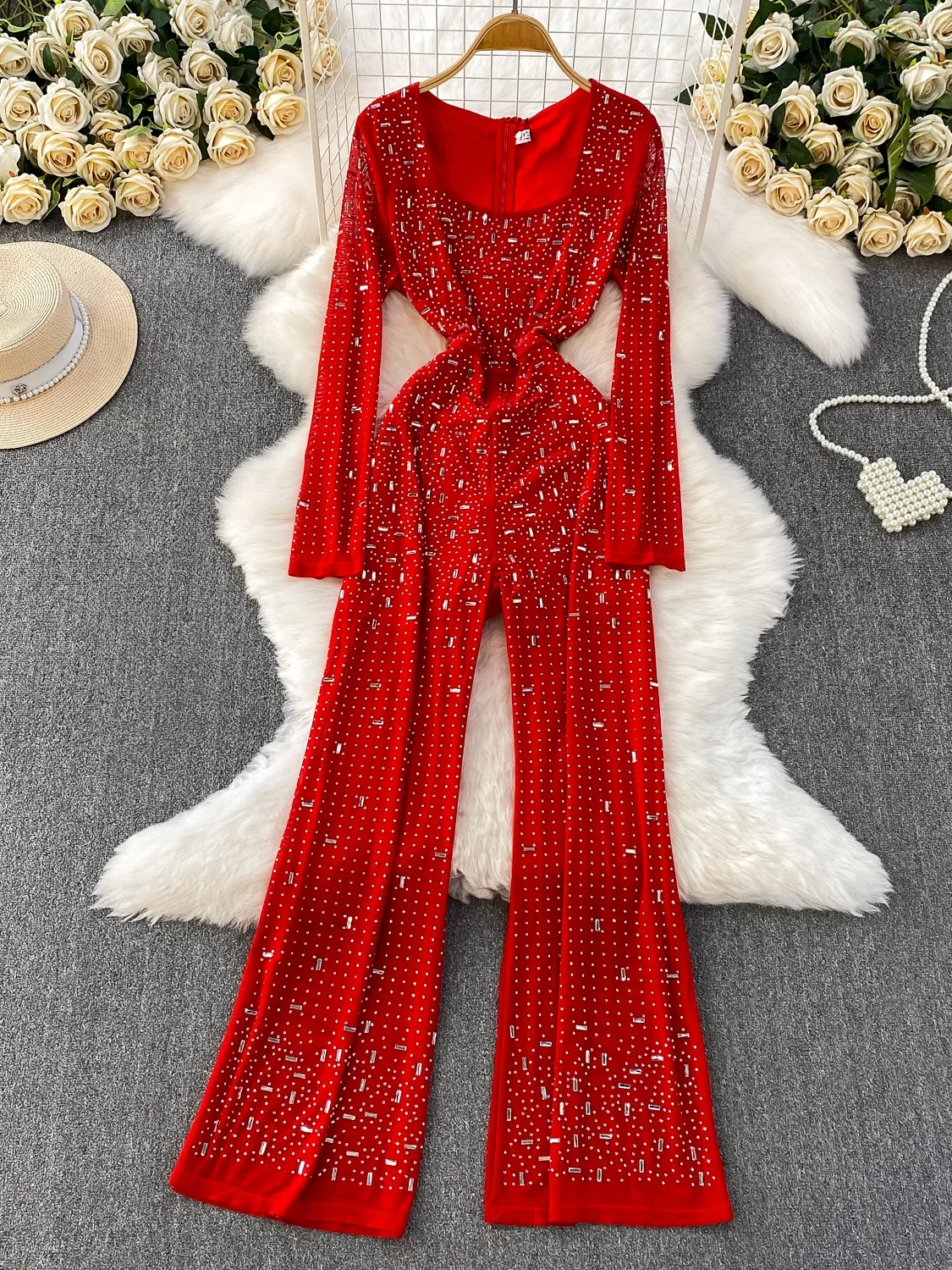 

Ele European Sle Long Sve Diamond Embellied Wide Leg Pants Women's Autumn Faion High Waist Dr