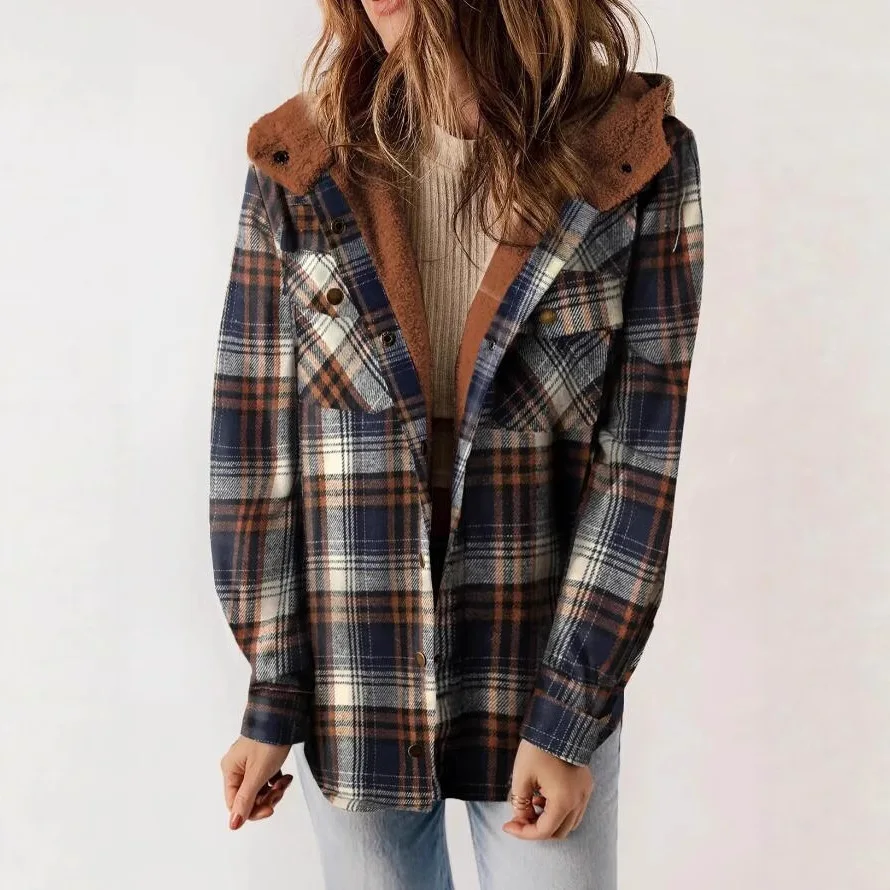 2026 European And American Amazon Autumn Winter Women's Plaid Casual Versatile Jacket Long Sleeve Furry Hooded Coat With Pockets