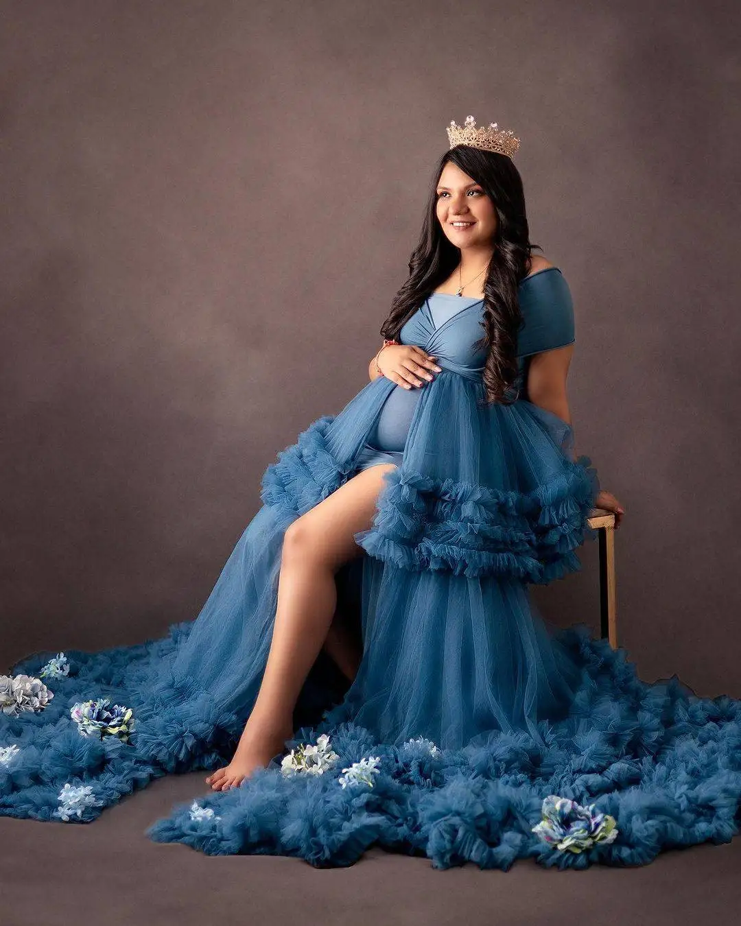 Blue Maternity Dresses For Woman Prom Party Gown Ruffles Pleat Pregnant Babyshower Photography Props Túnica Materna Custom Made