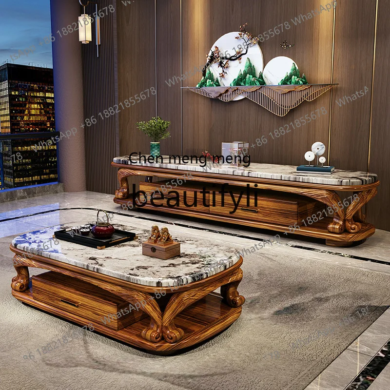

Hot sales Modern new Chinese ebony coffee table TV cabinet combination living room household square marble ebony