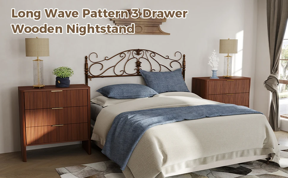 

Walnut Color Wooden Bedside Cabinet 78CM - 3 Drawers Wavy Pattern Modern Bedroom Dressing Table
