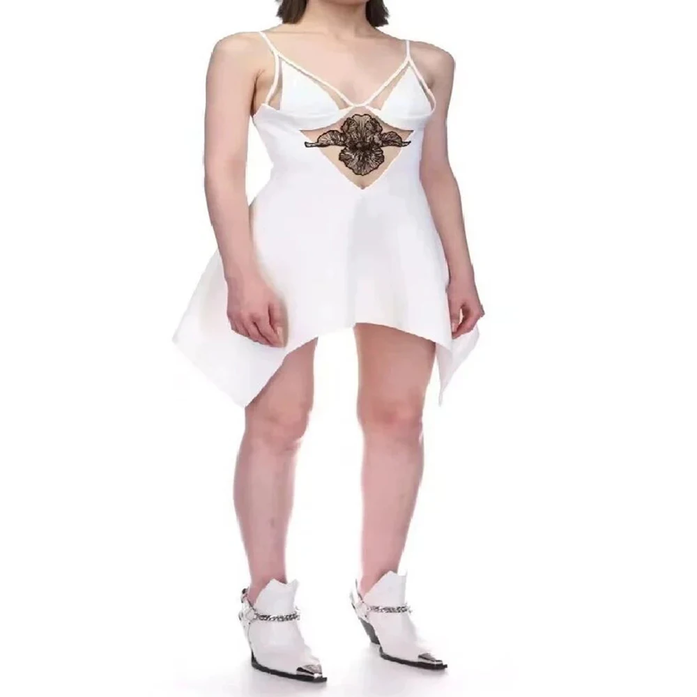 

White and black beaded mesh sleeveless women's suspender skirt cross-border fashion V-neck bandage A-line skirt-GZXX883