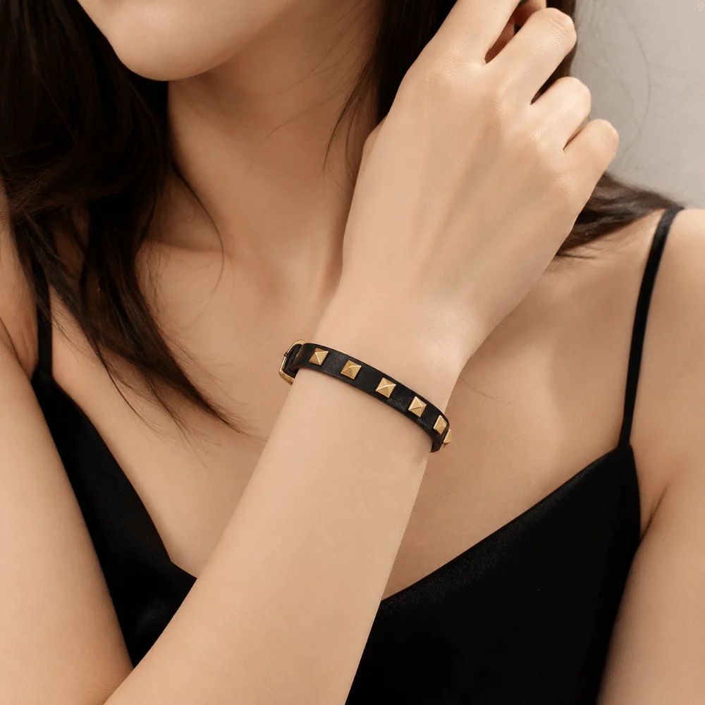 Punk Style PU Leather Rivets Bracelet Square Rivets 5 Color Options Single Ring Bracelet Alloy Studded Bangle Gift Jewelry