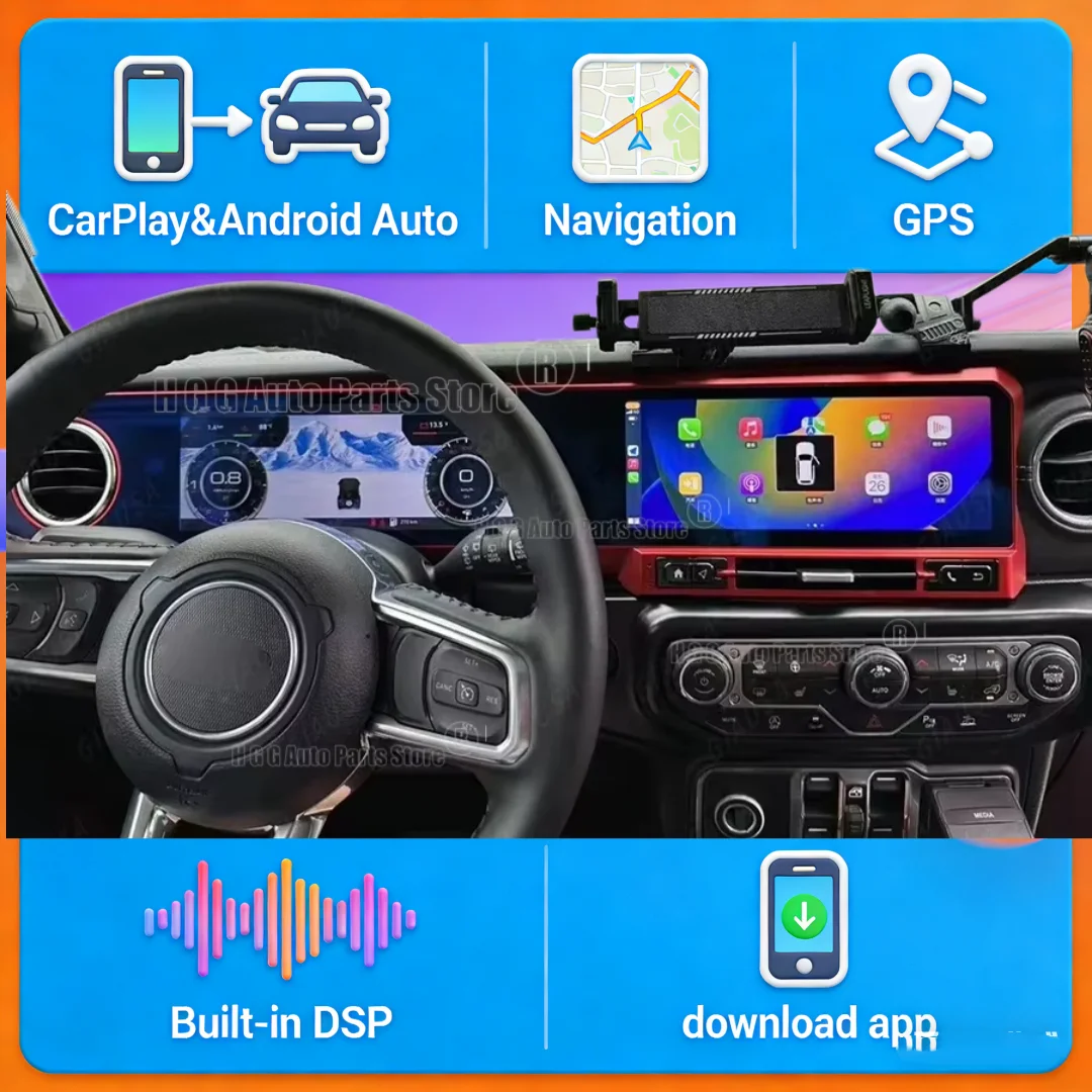 

ЖК-панель приборов, автомобильная магнитола с двумя экранами 24,6 дюйма на Android для Jeep Wrangler 2018-2023, CarPlay, видеоплеер, мультимедиа, навигация