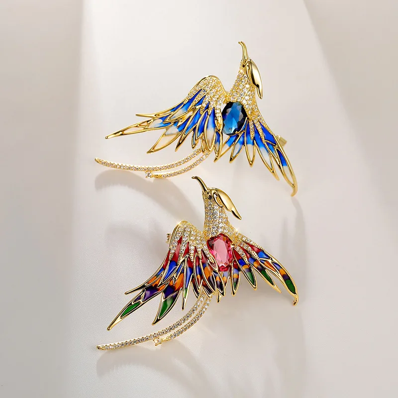 Chinese Style Auspicious Lucky Phoenix Brooch Alloy Enamel Shiny Rhinestone Long Tail Colorful Phoenix Pin For Women Suit Scarf