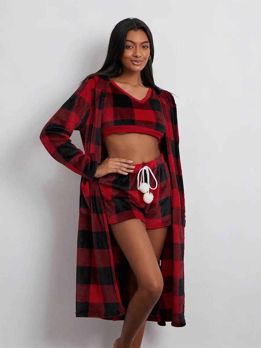 wsevypo Fall Winter Plaids 3 Piece Pajamas Sets Women’s Warm Loungewear Sleeveless Straps Crop Tank Tops+Shorts+Long Sleeve Robe