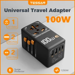 TESSAN 100W Universal Travel Adapter with 2 USB Port and 2 Type C Wall Charger All-in-one Travel Charger for US EU UK AUS