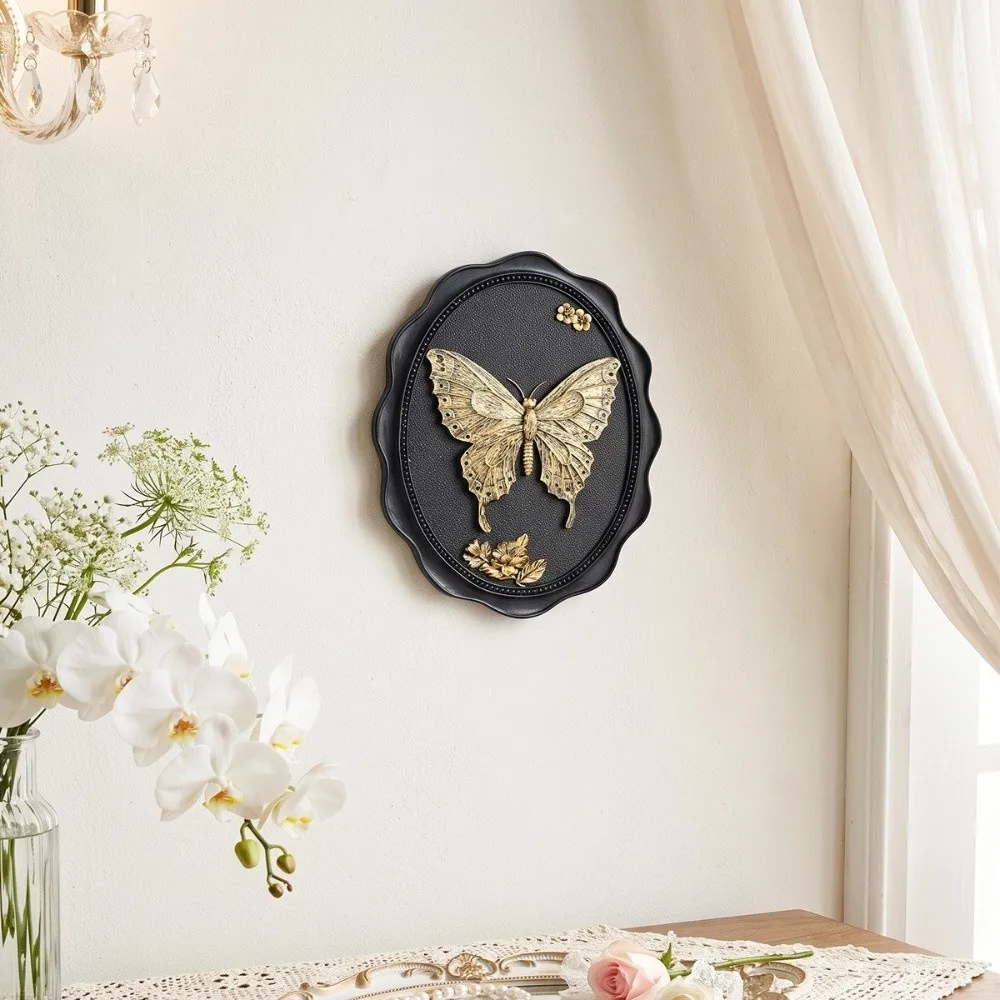 Resin Butterfly Wall Sculpture Hanging 3D Relief Butterfly Wall Art Embossed Oval Plaque Hanging Wall Decoration