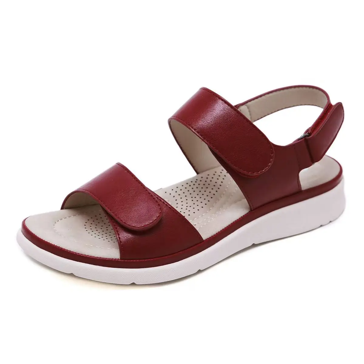 

Women Leather Flat sole One Word Velcro Sandals Summer New Soft Sole Non Slip Outdoor Beach Sandals Elderly Casual Sandals