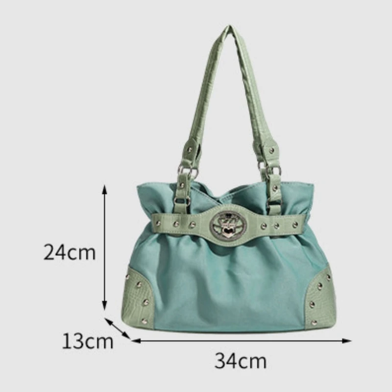 Retro Y2k Hot Girls Rivet Tote Bag Large Capacity Casual Belt Buckle Shoulder Handbag Sweet Cool Green Underarm Bag Sac A Main