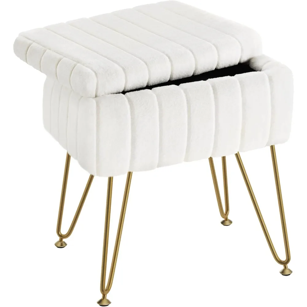 

Dressing stool chair, faux fur with storage space, soft ottoman 4 metal non-slip legs, fluffy upholstered makeup chair