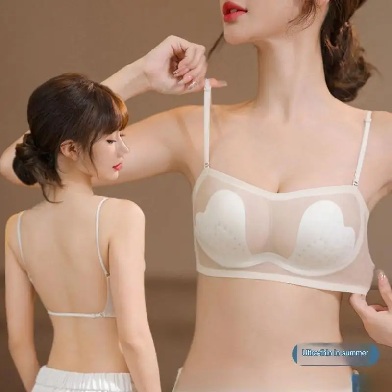 Ice Silk Tube Top Backless Underwear Women Summer Big Breasts Anti-Sagging Suspenders Gather Seamless Beautiful Back Bra Thin