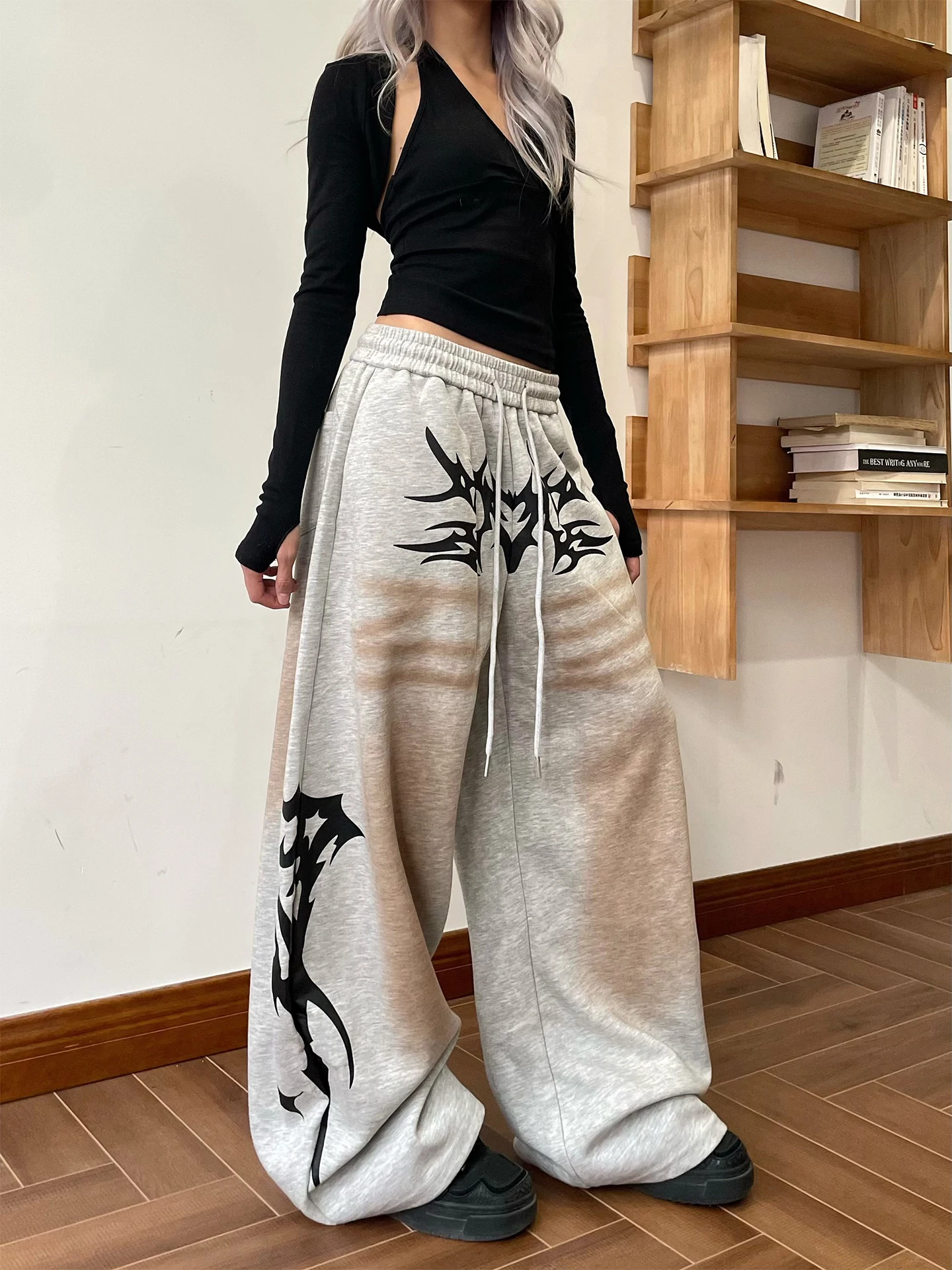 

YAMMYUKI American High Street Vintage Letter Totem Print Color Blo Wide Leg Pants Loose Casual Versatile Long Trousers