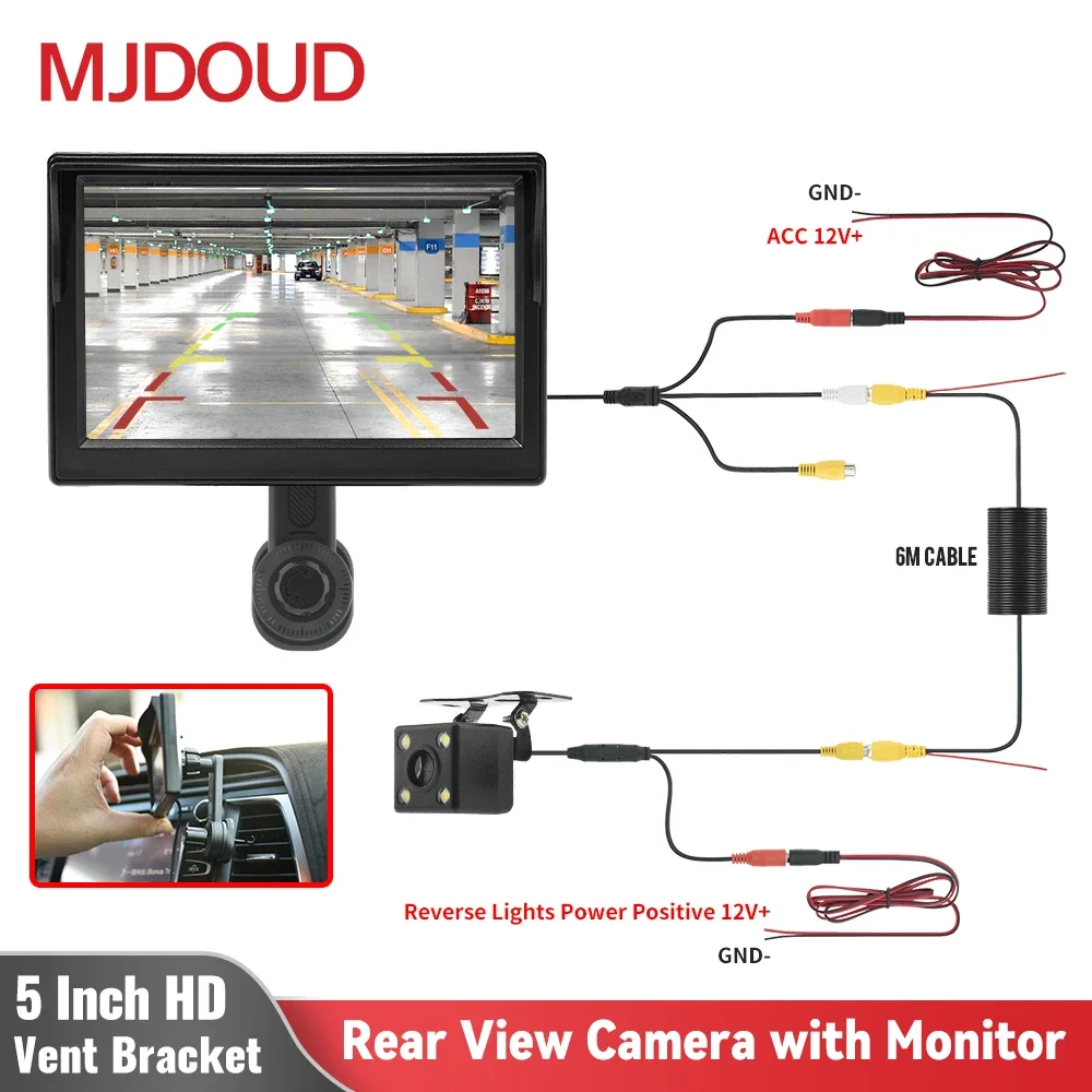 

MJDOUD 5 Inch Car Rear view Camera Monitor with Vent Bracket for vehicle Vedio Parking LED Reversing Camera for 5" LCD Screen