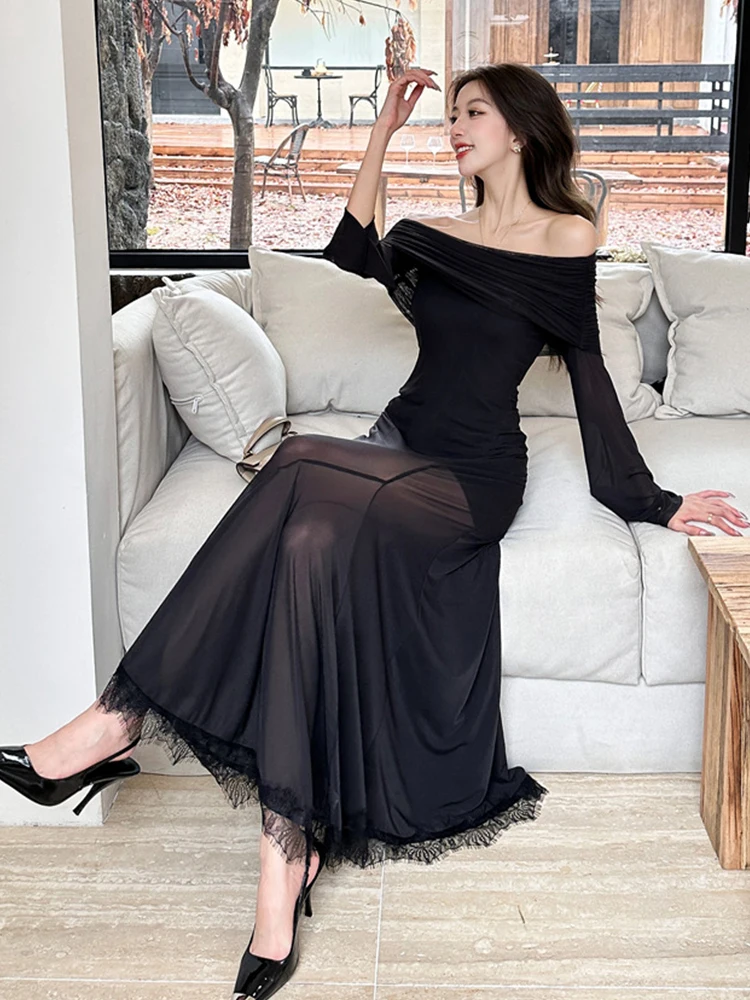 Celebrity Casual Long Evening Prom Dresses donna elegante elastico Sheer Mesh Off spalla Maxi Robe Party Holiday Mujer Vestidos