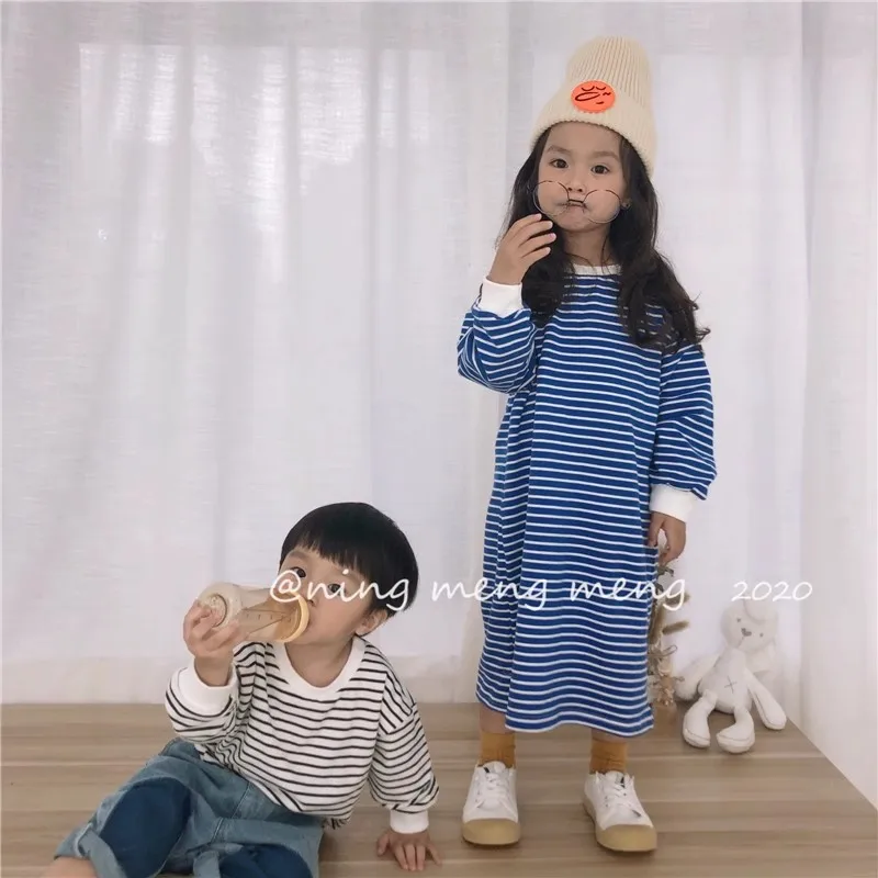 

Brother and Sister Matching Twins Clothes Baby Boys Striped Sweatshirts Toddler Girls Dress Korean Fashion Children's Clothing