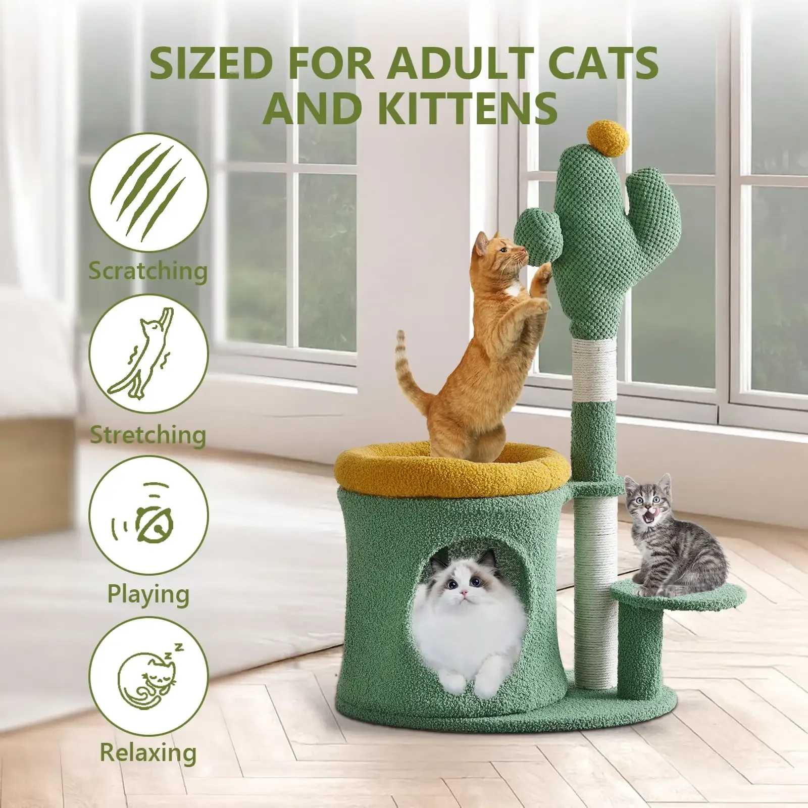 32" Cat Tree,Cat Tower with Cactus Cat Scratching Post,Cozy Cat House for Indoor Cats,Green