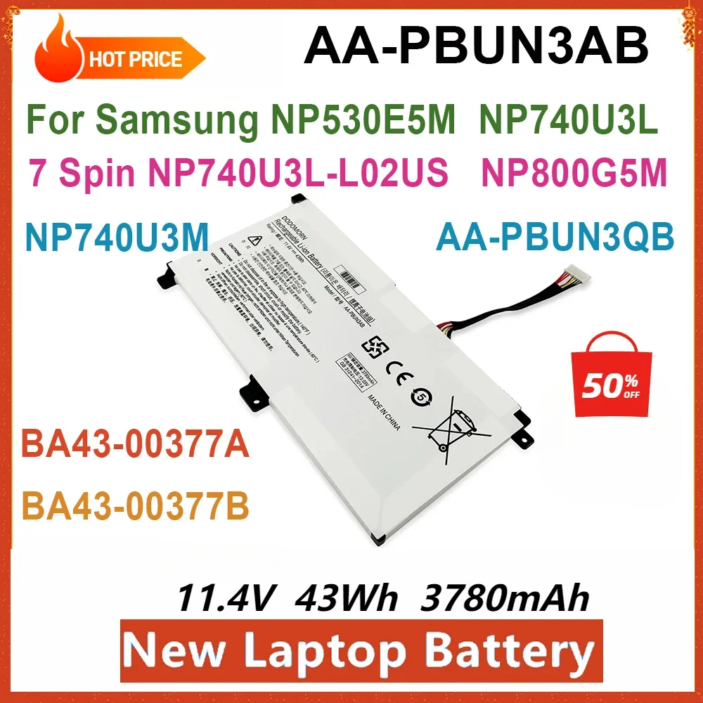 

NEW AA-PBUN3AB Laptop Battery For Samsung 500R5M NT501R 300E5K NP740U3L-L02US NP530E5M NP740U3L NP740U5L 8500GM 3780mAh 43Wh