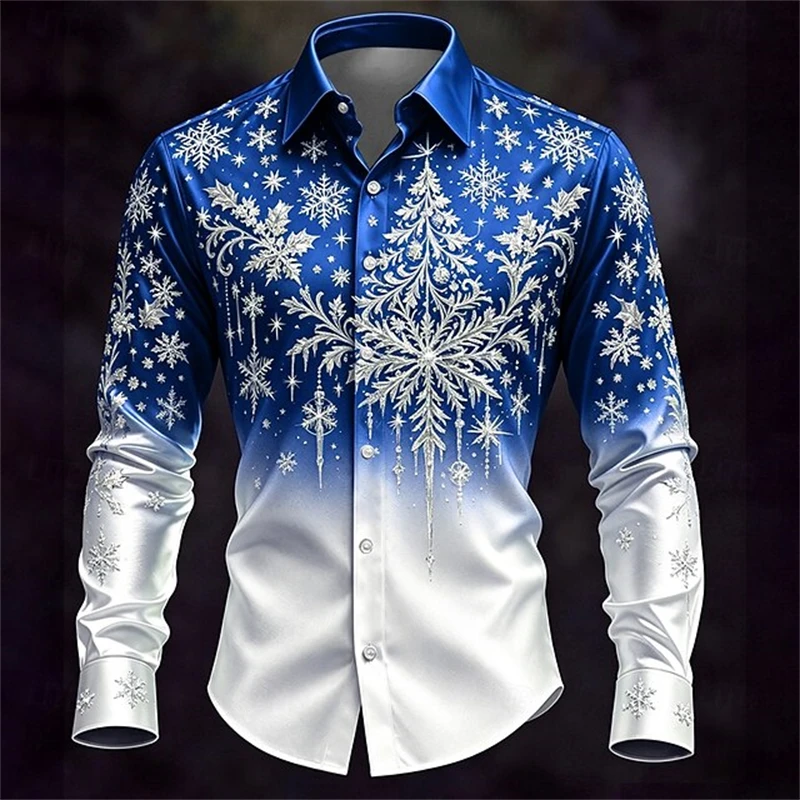 Men's Long-Sleeve Shirt New for Christmas 2026 3D Silver Snowflake Gradient Print with Collar Trendy Style Holiday Party Attire