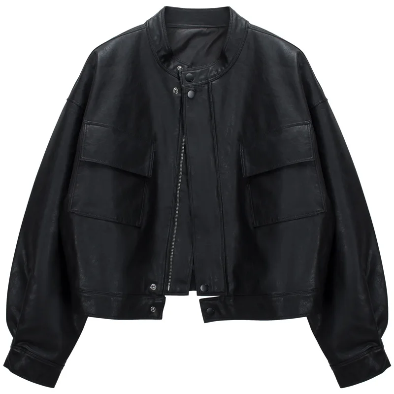 女性用ショートレザージャケット、秋冬新作、ゆったりとしたPUコート、多用途でスタイリッシュなカジュアル、ラウンドネック、長袖、無地