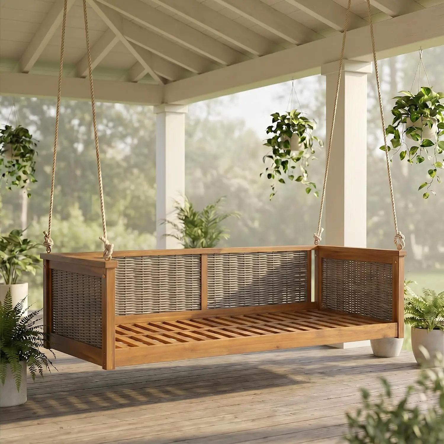 Outdoor Hanging Swing Bed Twin Size, 350lbs Capacity, 7.5ft Hemp Ropes, Garden Porch Poolside, Teak, Customized