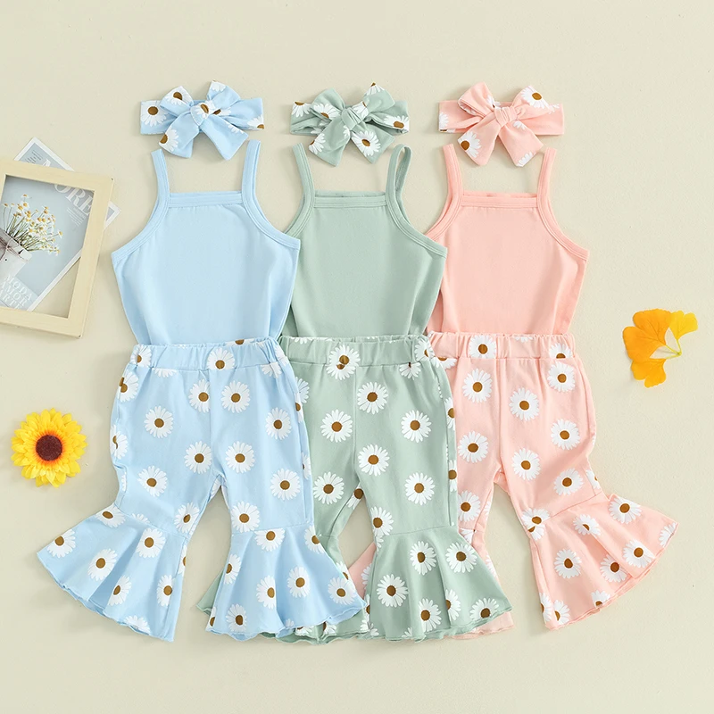 Baby Clothing Girls Summer Newborn Infant Sleeveless Romper with Flower Print Flare Pants and Headband 3Pcs Outfits Clothes